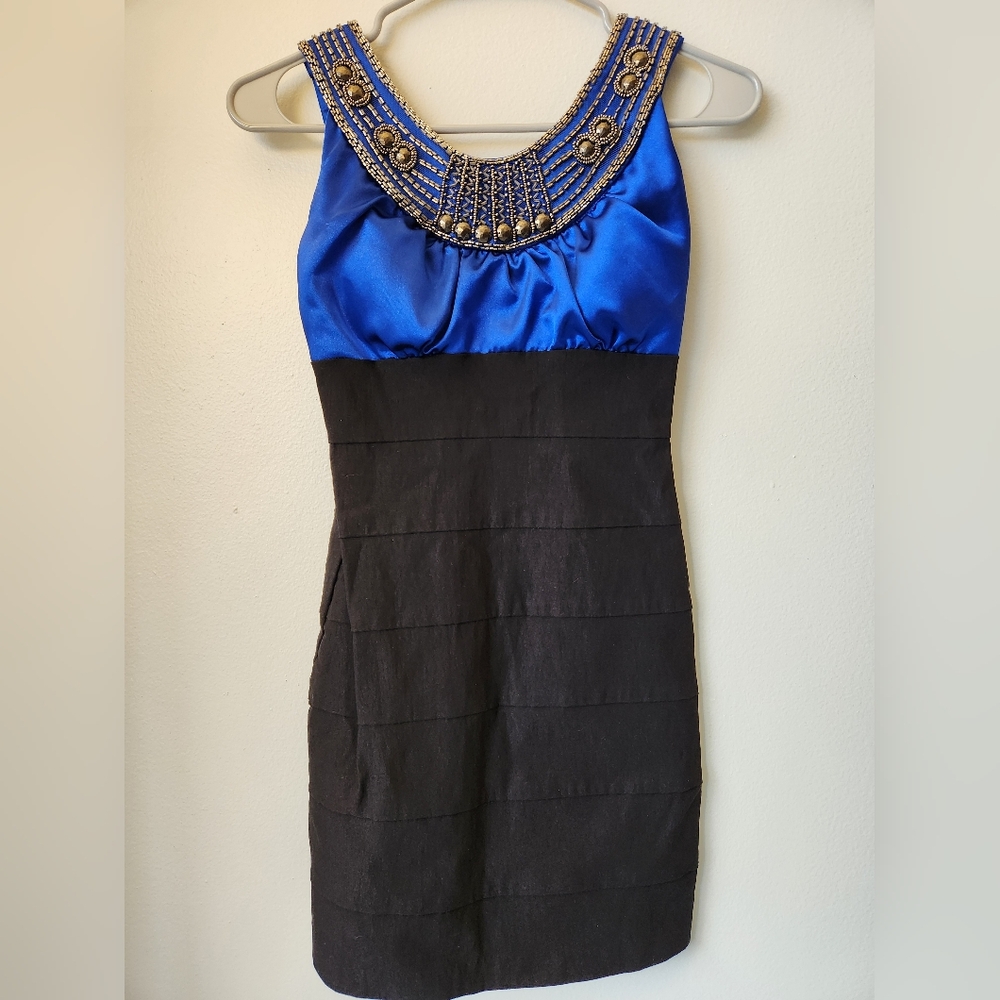 Elegant Blue and Black Beaded Dress